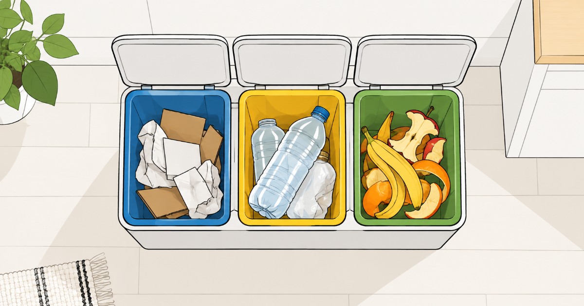 Pohled shora na koš s třemi oddělenými nádobami na papír, plast a bioodpad